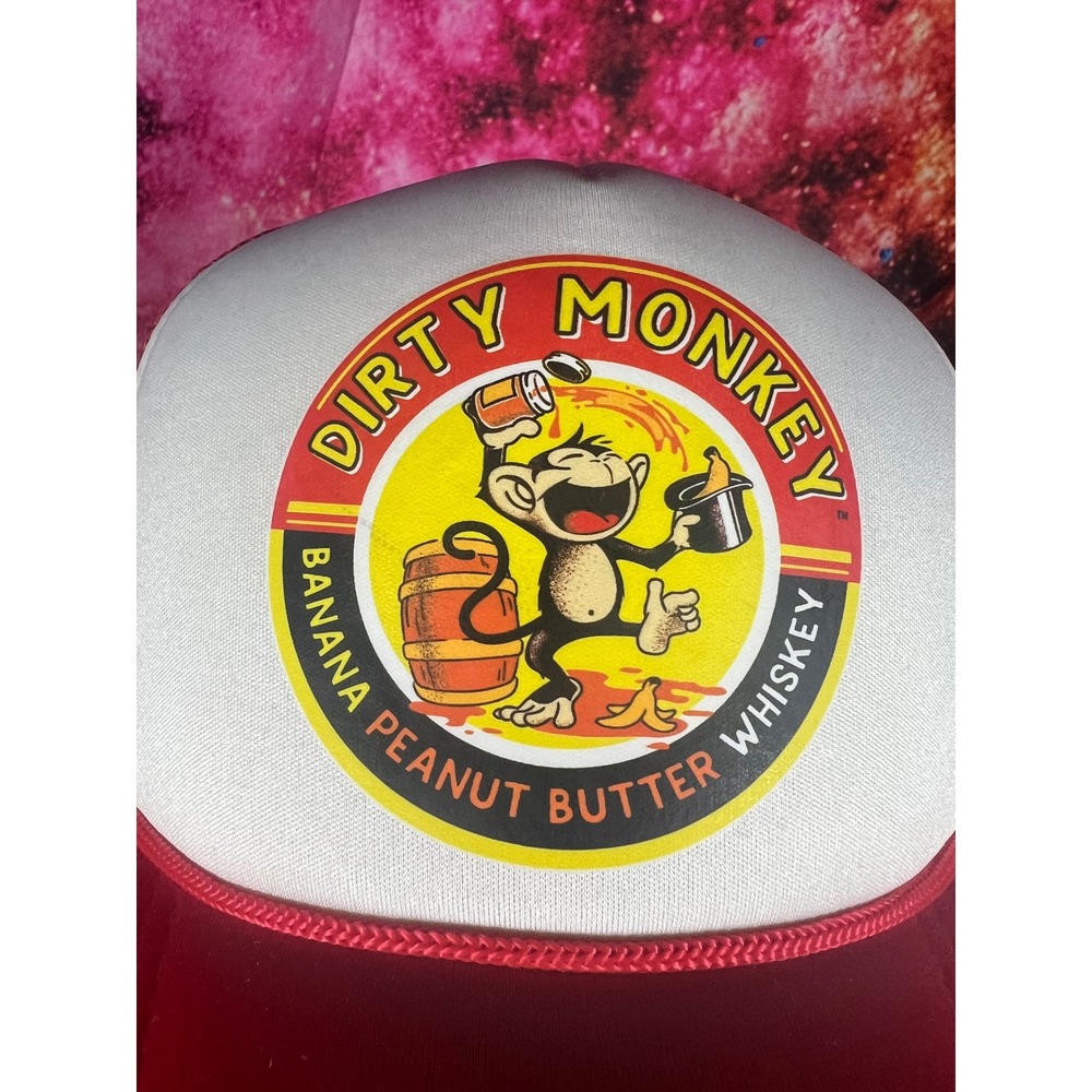 Dirty Monkey Banana Peanut Butter Whiskey Trucker Hat Red White Snapback Cap